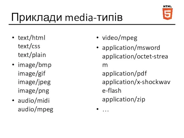 Приклади media-типів text/html text/css text/plain image/bmp image/gif image/jpeg image/png audio/midi