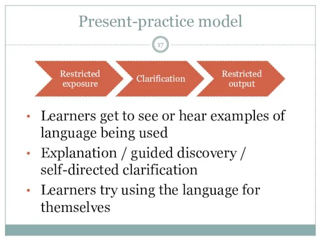 Present-practice model Learners get to see or hear examples of language being used