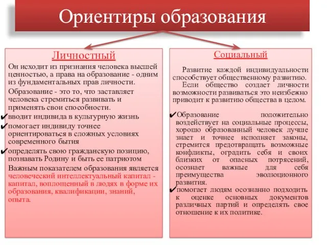 Ориентиры образования Личностный Он исходит из признания человека высшей ценностью,