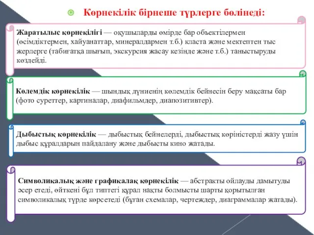 Көрнекілік бірнеше түрлерге бөлінеді: Жаратылыс көрнекілігі — оқушыларды өмірде бар