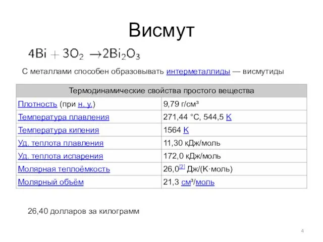 Висмут С металлами способен образовывать интерметаллиды — висмутиды 26,40 долларов за килограмм