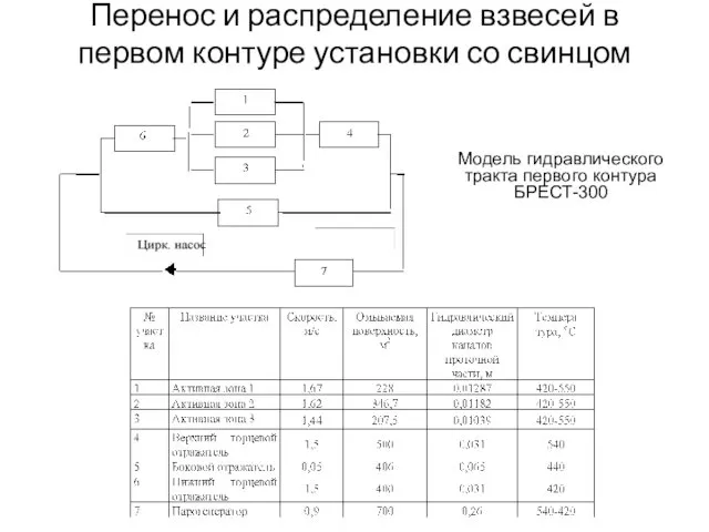 Модель гидравлического тракта первого контура БРЕСТ-300 Перенос и распределение взвесей в первом контуре установки со свинцом