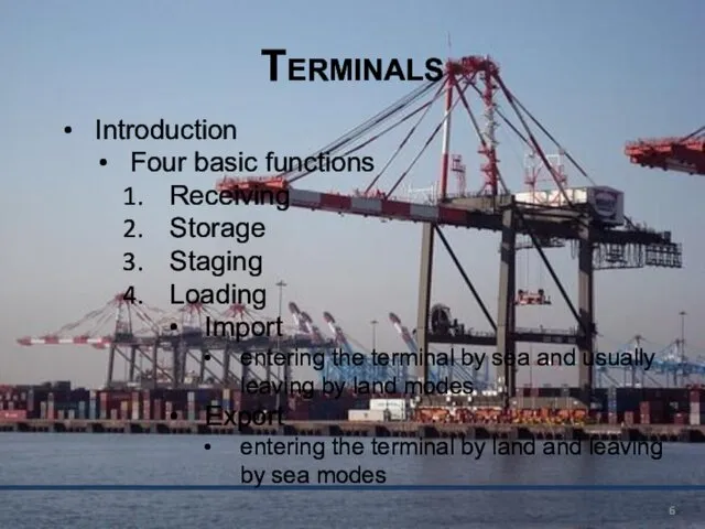 Terminals Introduction Four basic functions Receiving Storage Staging Loading Import