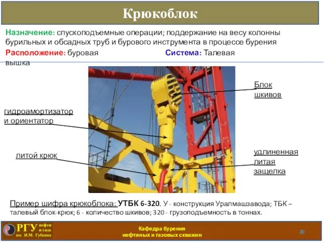 Кафедра бурения нефтяных и газовых скважин Крюкоблок Расположение: буровая вышка