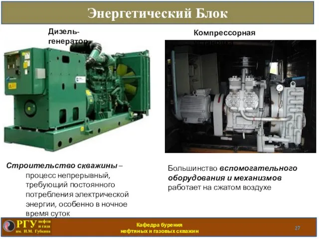 Кафедра бурения нефтяных и газовых скважин Энергетический Блок Дизель-генератор Компрессорная