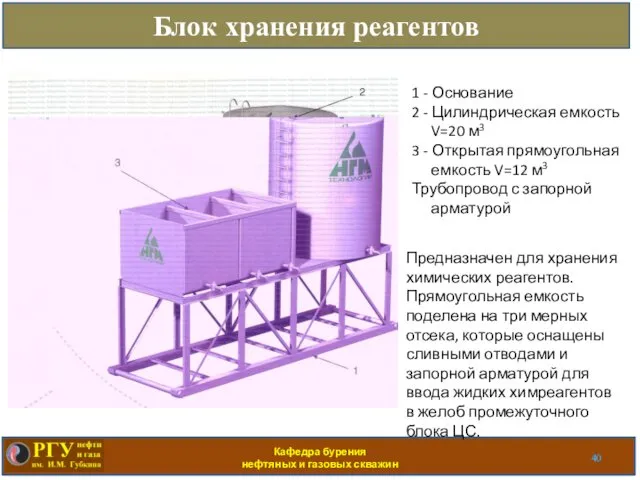 Кафедра бурения нефтяных и газовых скважин Блок хранения реагентов Предназначен