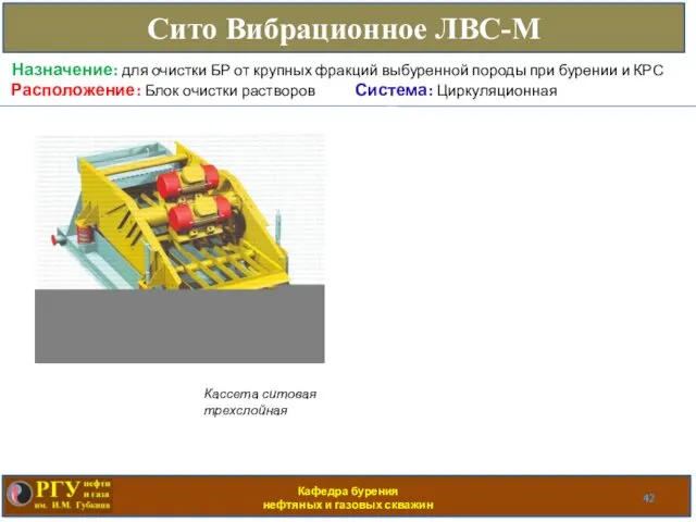 Кафедра бурения нефтяных и газовых скважин Сито Вибрационное ЛВС-М Расположение: