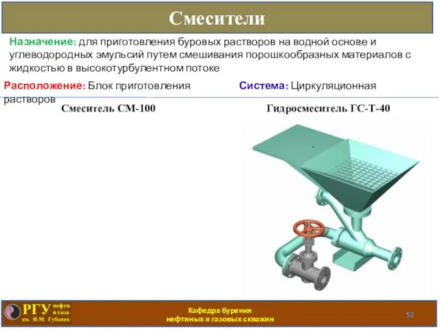 Кафедра бурения нефтяных и газовых скважин Смесители Система: Циркуляционная Назначение: