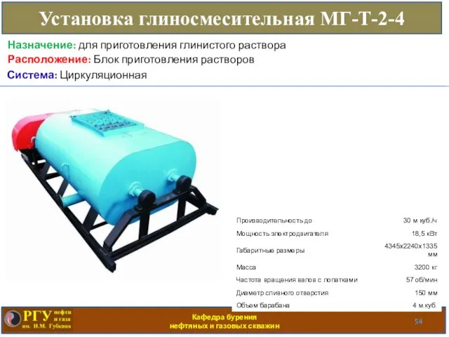 Кафедра бурения нефтяных и газовых скважин Установка глиносмесительная МГ-Т-2-4 Расположение: