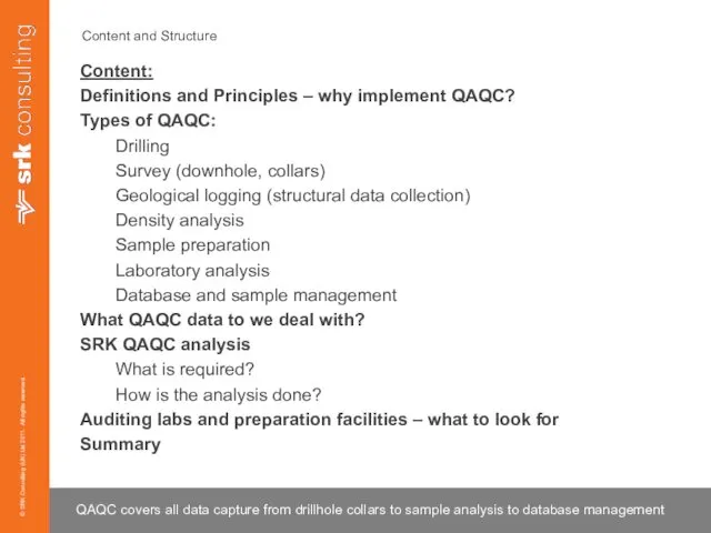 Content and Structure Content: Definitions and Principles – why implement QAQC? Types of