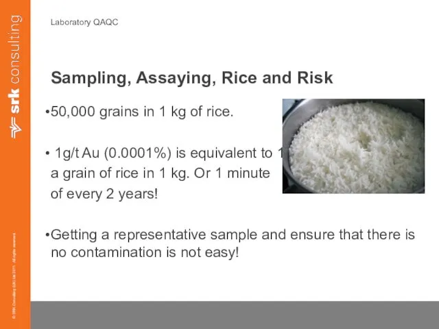 Laboratory QAQC Sampling, Assaying, Rice and Risk 50,000 grains in 1 kg of