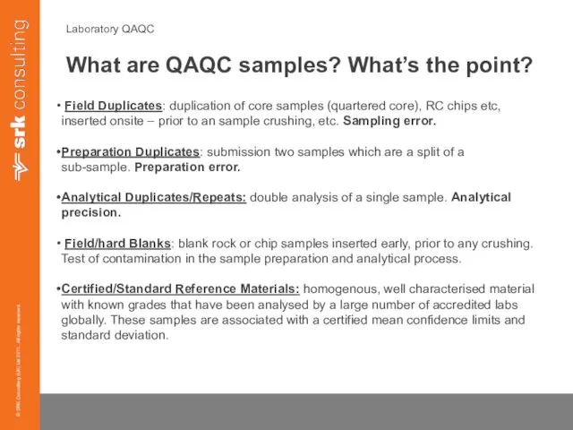 Laboratory QAQC What are QAQC samples? What’s the point? Field Duplicates: duplication of