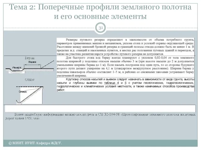 Тема 2: Поперечные профили земляного полотна и его основные элементы © МИИТ. ИУИТ. Кафедра ЖДСУ.