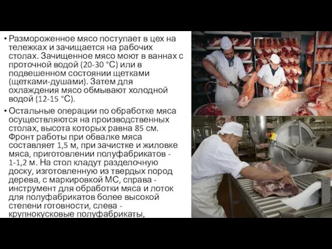 Размороженное мясо поступает в цех на тележках и зачищается на