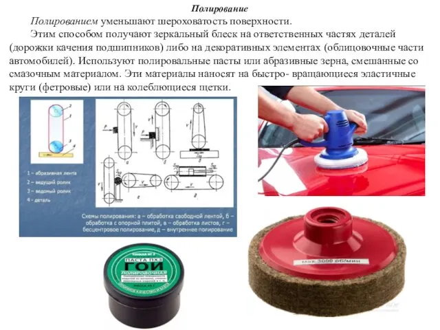 Полирование Полированием уменьшают шероховатость поверхности. Этим способом получают зеркальный блеск