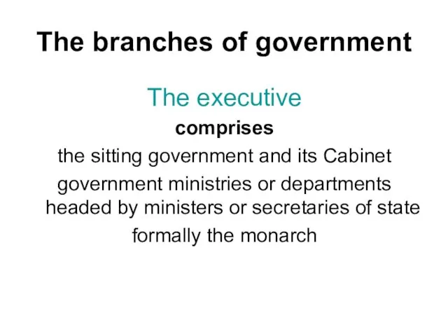 The branches of government The executive comprises the sitting government