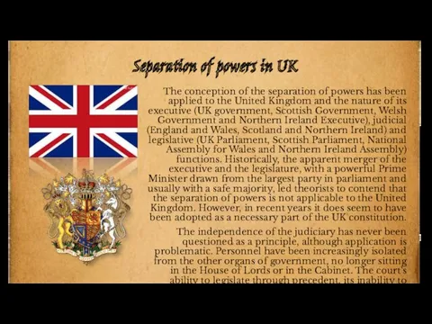 Separation of powers in UK The conception of the separation