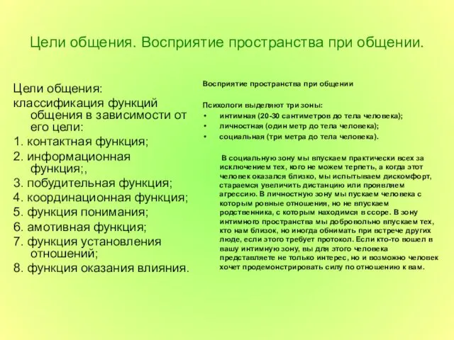 Цели общения. Восприятие пространства при общении. Цели общения: классификация функций