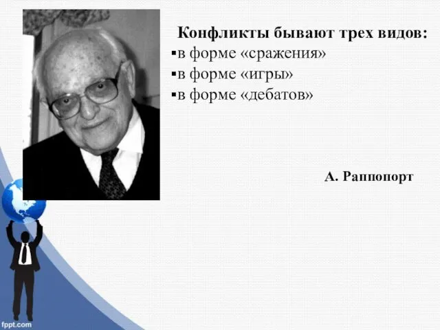 А. Раппопорт Конфликты бывают трех видов: в форме «сражения» в форме «игры» в форме «дебатов»