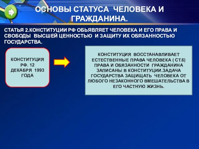 ОСНОВЫ СТАТУСА ЧЕЛОВЕКА И ГРАЖДАНИНА. СТАТЬЯ 2.КОНСТИТУЦИИ РФ ОБЬЯВЛЯЕТ ЧЕЛОВЕКА