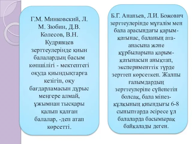 Г.М. Минковский, Л.М. Зюбин, Д.В. Колесов, В.Н. Кудрявцев зерттеулерінде қиын