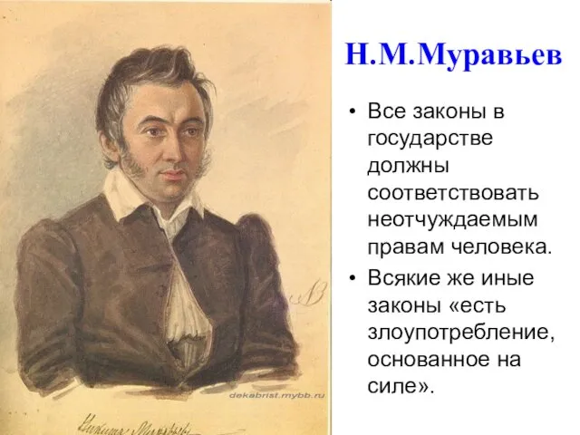 Н.М.Муравьев Все законы в государстве должны соответствовать неотчуждаемым правам человека.