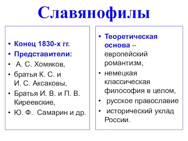 Славянофилы Конец 1830-х гг. Представители: А. С. Хомяков, братья К.