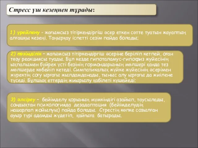 Стресс үш кезеңнен тұрады: 1) үрейлену - жағымсыз тітіркендіргіш әсер