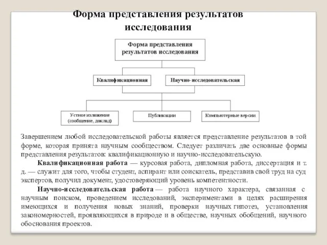 Форма представления результатов исследования Завершением любой исследовательской работы является представление