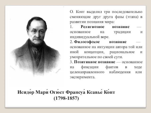 Исидо́р Мари́ Огю́ст Франсуа́ Ксавье́ Ко́нт (1798-1857) О. Конт выделил