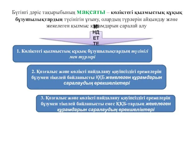 Бүгінгі дәріс тақырыбының мақсаты – көліктегі қылмыстық құқық бұзушылықтардың түсінігін ұғыну, олардың түрлерін