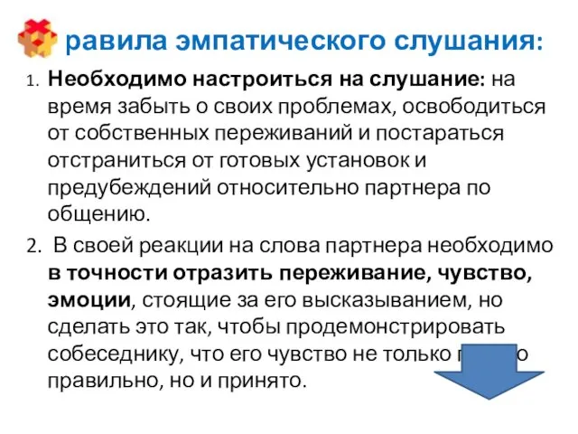 Правила эмпатического слушания: 1. Необходимо настроиться на слушание: на время