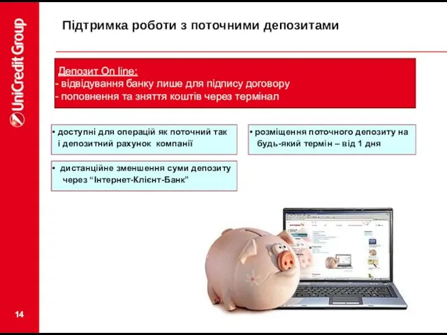 Підтримка роботи з поточними депозитами Депозит On line: відвідування банку