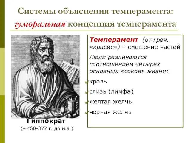 Системы объяснения темперамента: гуморальная концепция темперамента Гиппократ (~460-377 г. до