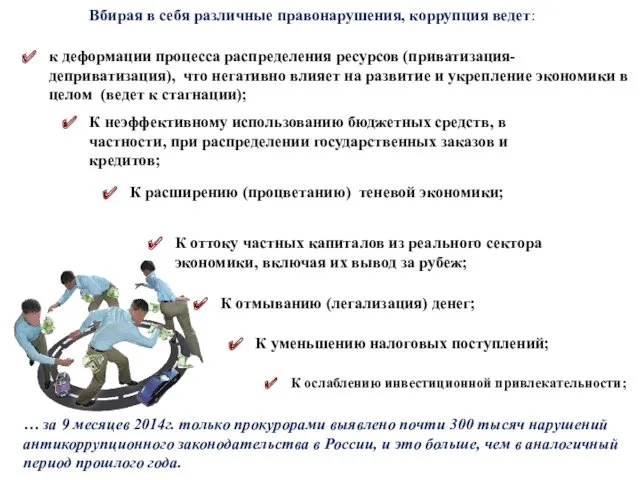 К ослаблению инвестиционной привлекательности; Вбирая в себя различные правонарушения, коррупция