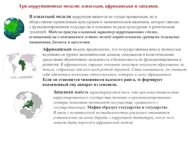 Три коррупционные модели: азиатская, африканская и западная. В азиатской модели