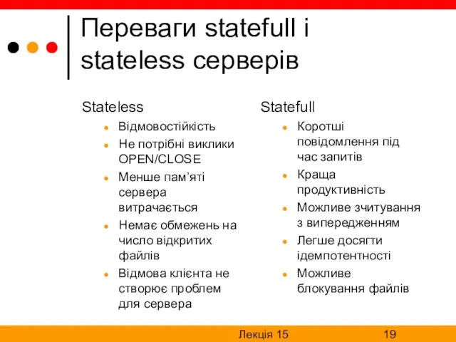 Лекція 15 Переваги statefull і stateless серверів Stateless Відмовостійкість Не потрібні виклики OPEN/CLOSE