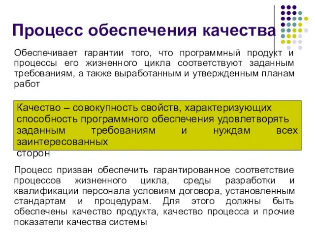 Процесс обеспечения качества Обеспечивает гарантии того, что программный продукт и