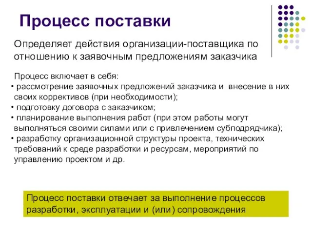 Процесс поставки Определяет действия организации-поставщика по отношению к заявочным предложениям