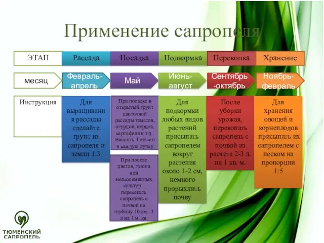 Применение сапропеля ЭТАП Рассада Посадка Подкормка Перекопка Хранение месяц Февраль-апрель