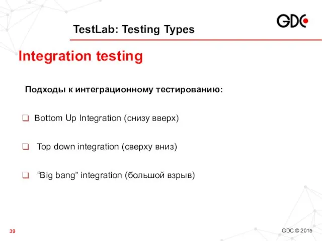 TestLab: Testing Types Подходы к интеграционному тестированию: Bottom Up Integration