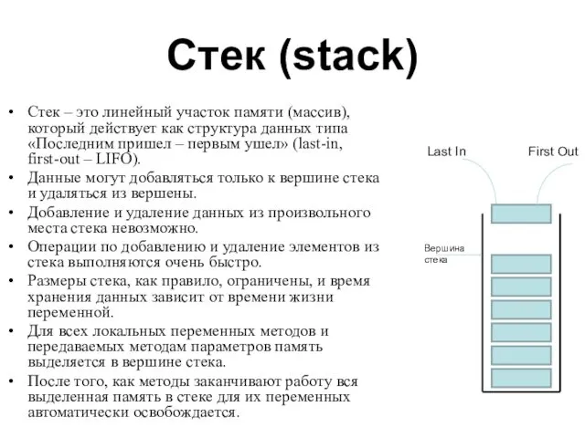 Стек (stack) Стек – это линейный участок памяти (массив), который