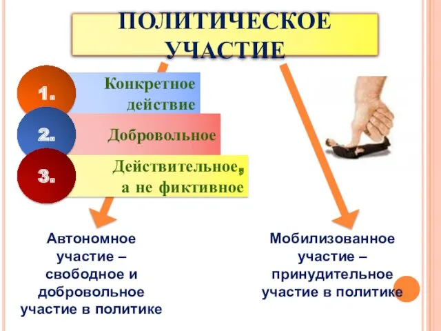 ПОЛИТИЧЕСКОЕ УЧАСТИЕ Автономное участие – свободное и добровольное участие в