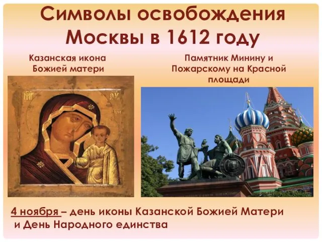 Символы освобождения Москвы в 1612 году Казанская икона Божией матери