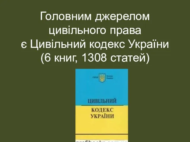 Головним джерелом цивільного права є Цивільний кодекс України (6 книг, 1308 статей)