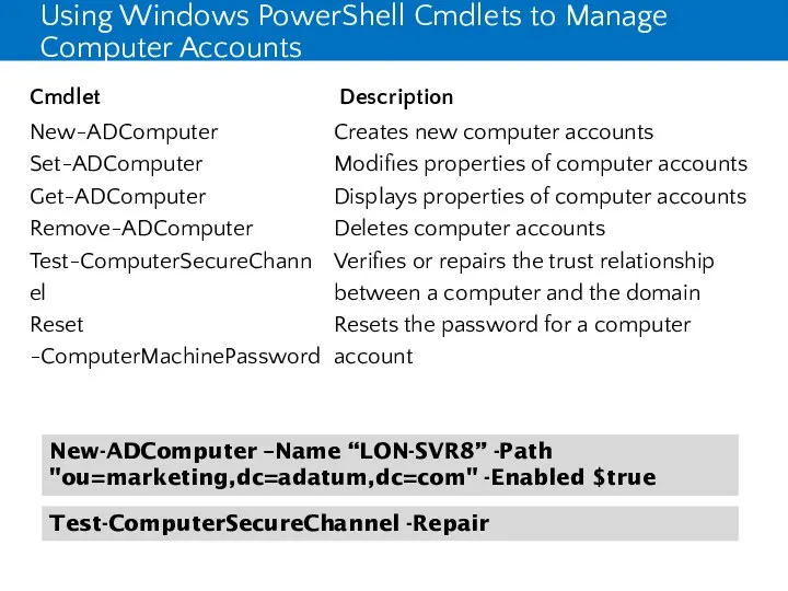 Using Windows PowerShell Cmdlets to Manage Computer Accounts New-ADComputer –Name “LON-SVR8” -Path "ou=marketing,dc=adatum,dc=com"
