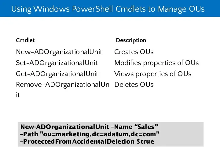 Using Windows PowerShell Cmdlets to Manage OUs New-ADOrganizationalUnit –Name “Sales” –Path "ou=marketing,dc=adatum,dc=com" –ProtectedFromAccidentalDeletion $true
