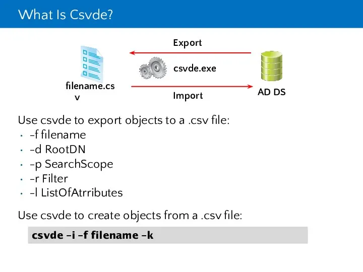 What Is Csvde? csvde –i –f filename –k Use csvde to export objects