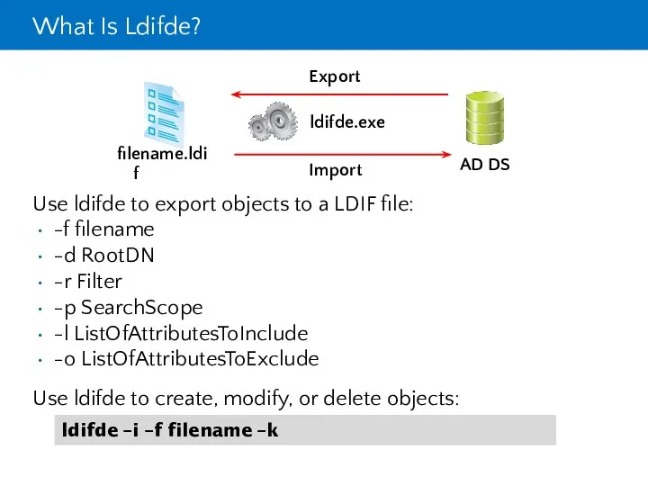 What Is Ldifde? Use ldifde to export objects to a LDIF file: -f