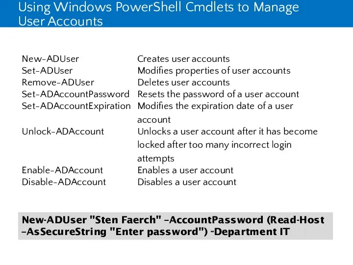 Using Windows PowerShell Cmdlets to Manage User Accounts New-ADUser "Sten Faerch" –AccountPassword (Read-Host